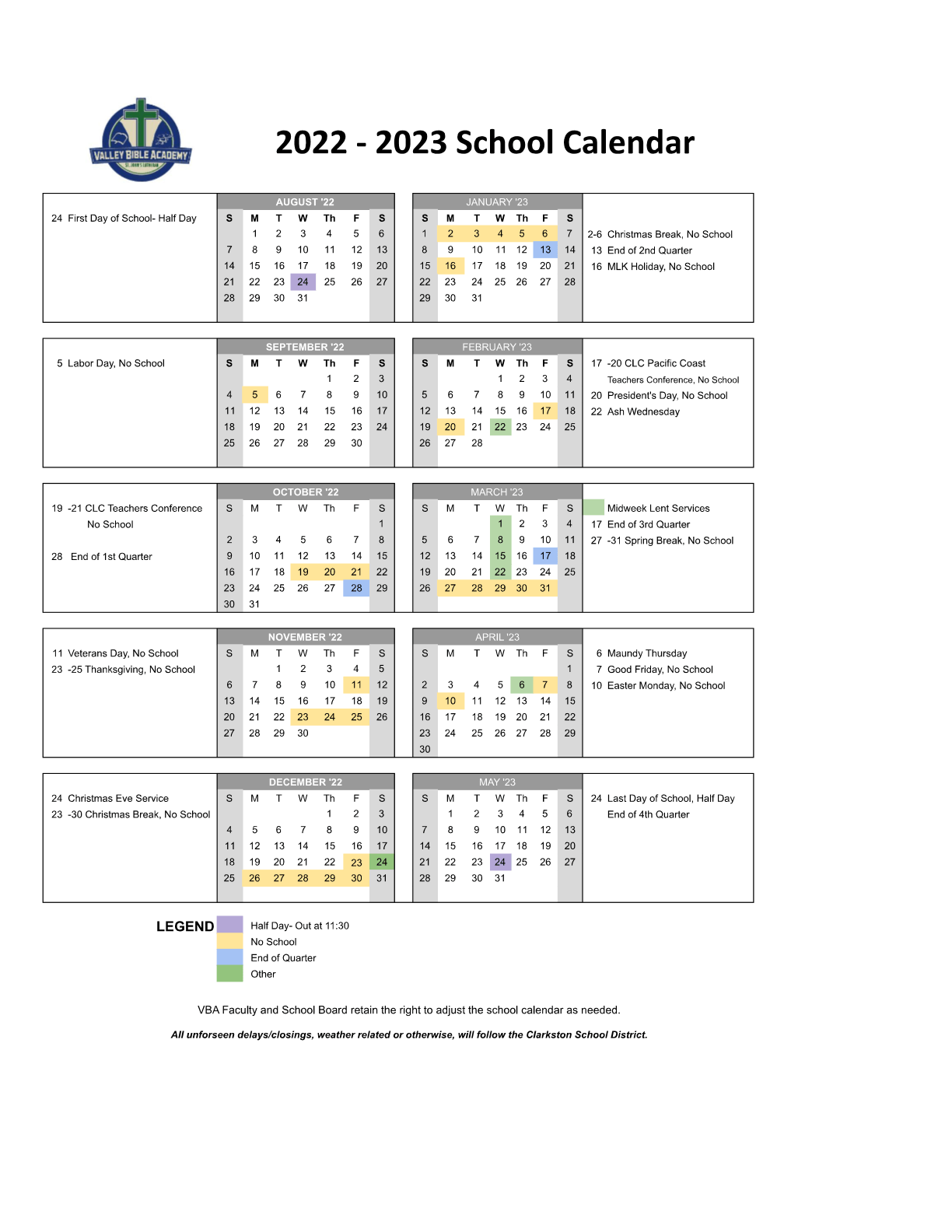 School Calendar Valley Bible Academy St. John's Lutheran Church